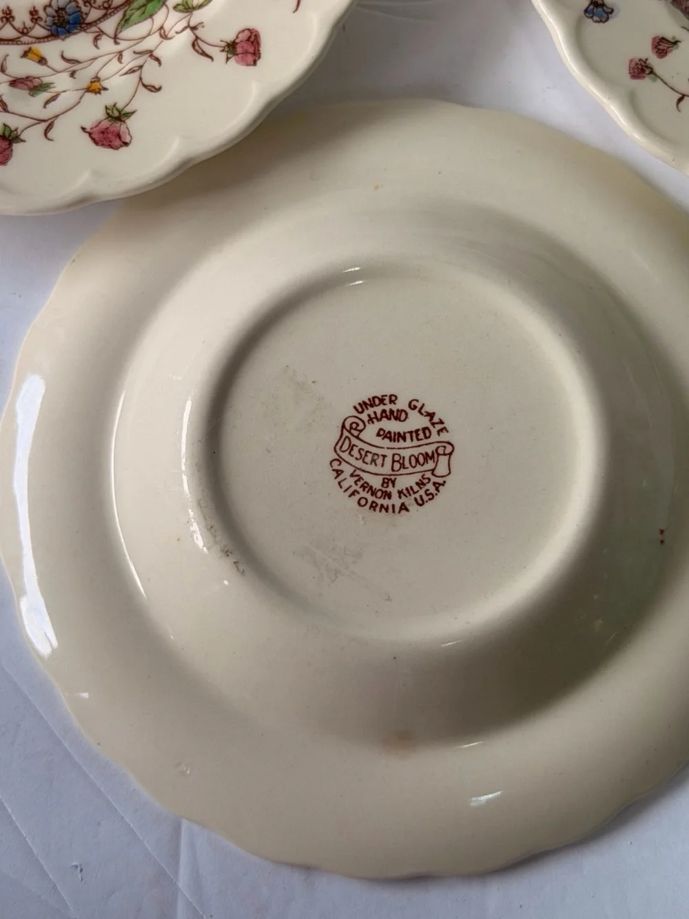 Vintage set of 3 Vernon Kilns 6” Small saucer Bloom  MADE IN CALIFORNIA